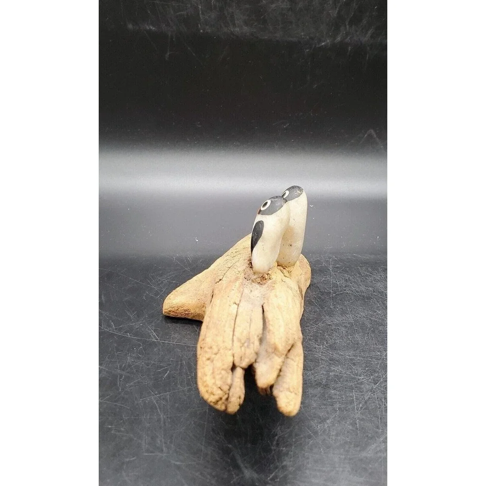 Handmade Whimsical Driftwood Folk Art Stone Penguin Bird Nautical Shorebird 7.5